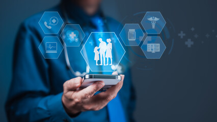 Doctor Holding Smartphone with Digital Family Health and Telemedicine Icons