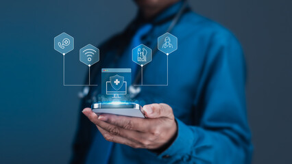 Doctor Holding Smartphone with Digital Health Protection and Telemedicine Icons