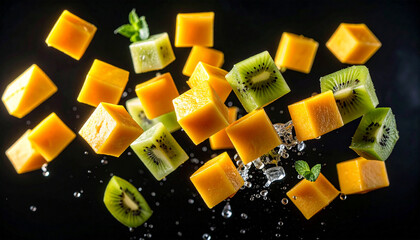 Vibrant Cubes of Delight: A captivating display of vibrant, cubed mangoes and kiwis in a dynamic composition, suggesting freshness, flavor, and a delightful culinary experience.