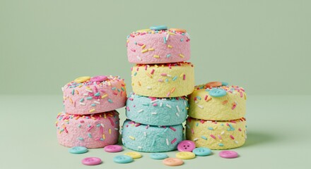 Whimsical Stack of Pastel Cakes with Rainbow Sprinkles and Colorful Buttons