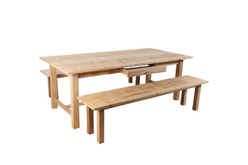 Light Wood Dining Table with Drawer and Matching Bench isolated on a transparent background wooden table