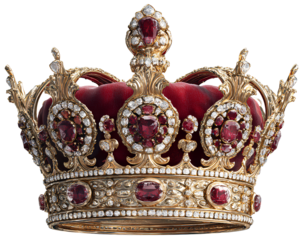  3D crown with rubies and diamonds, red velvet on top, golden shiny metallic crown, vector illustration isolated on  Transparent background PNG