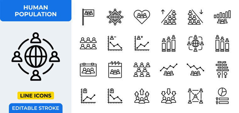 Human Population Line Icons Set Demographic Society Globe Community Social Global Statistic Chart Report Analysis Editable Stroke