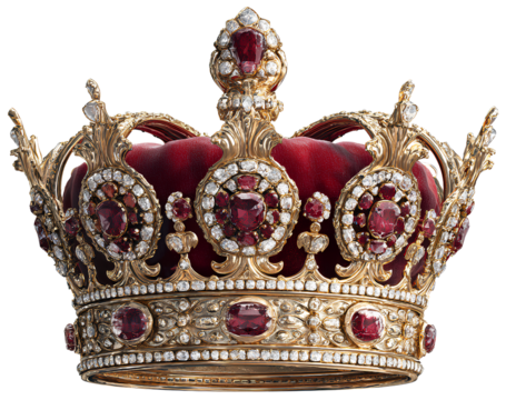  3D crown with rubies and diamonds, red velvet on top, golden shiny metallic crown, vector illustration isolated on  Transparent background PNG