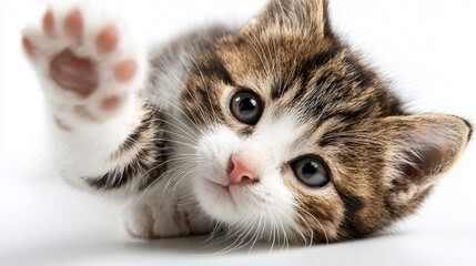 Playful kitten paw: A charming close-up captures an adorable kitten extending its paw, eyes wide with curiosity and inviting interaction. The image is a showcase of pure, innocent feline charm.