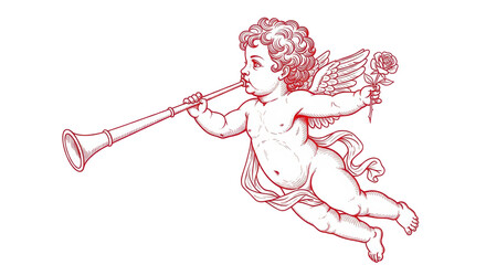 Isolated Cupid Blowing Trumpet with Rose