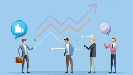 Business team analyzing growth charts and indicators for success in a light blue background scene