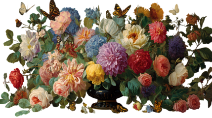 A vibrant baroque still life painting of a lush bouquet of assorted flowers isolated on transparent background