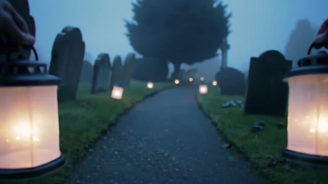 Foggy cemetery path with lit lanterns