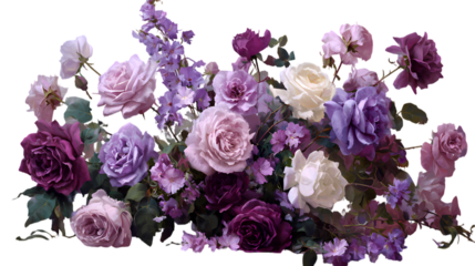 Beautiful arrangement of assorted purple and pink roses isolated on transparent background