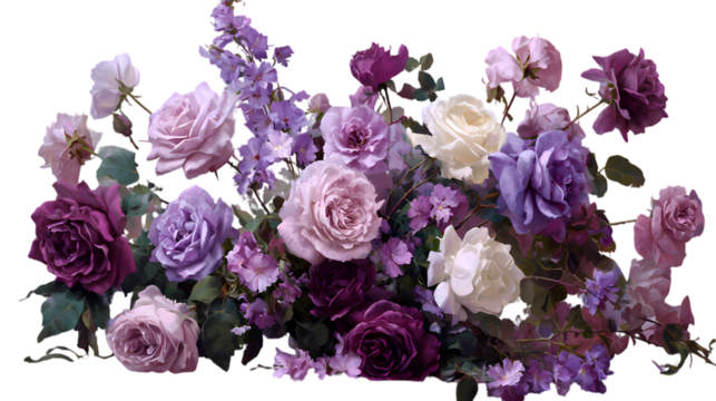 Beautiful arrangement of assorted purple and pink roses isolated on transparent background