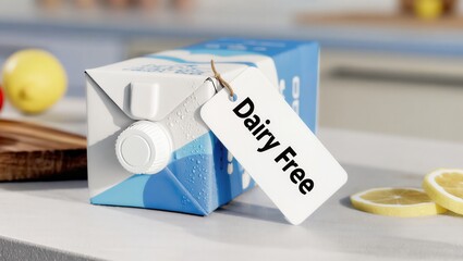 Dairy-Free Beverage Carton with Tags and Fresh Ingredients on a Modern Kitchen Countertop