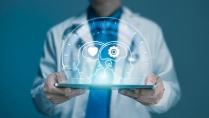 Doctor Holding Tablet with Digital Mental and Emotional Health Icons