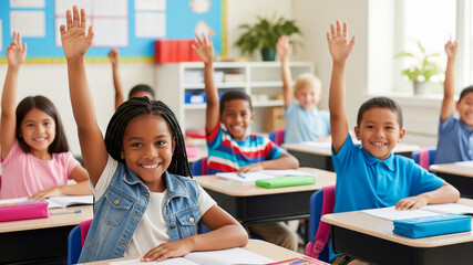 Happy Diverse Students Raising Hands in Classroom – Elementary School Education