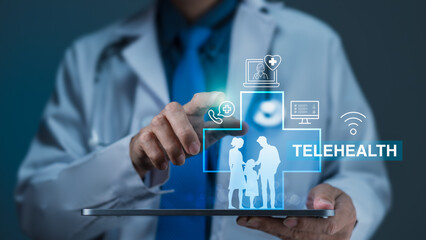 Doctor Holding Tablet with Telehealth Interface for Family Medical Care