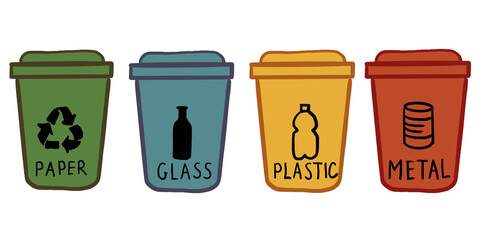 Colorful illustration of four labeled recycling bins for paper, glass, plastic, and metal waste separation and eco awareness