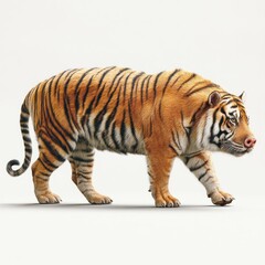 A majestic tiger walks gracefully, its orange and black stripes contrasting beautifully against a plain background. The animal is captured in a side profile.