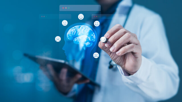 Doctor Interacting with Digital Brain and Mental Health Emojis on Virtual Screen