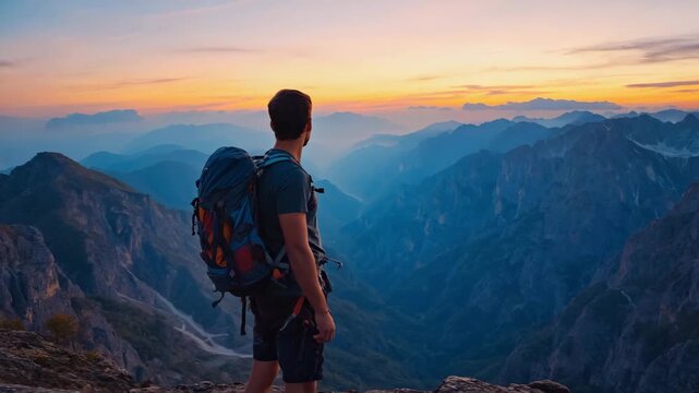 Hiker enjoys breathtaking sunset views over majestic mountain range
