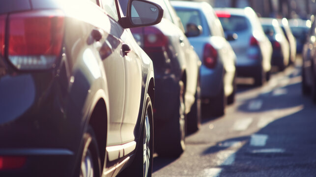 Line of cars parked in parallel on a city street with warm sunlight creating a vivid visual scene.