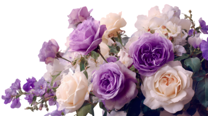 Beautiful arrangement of assorted purple and pink roses isolated on transparent background