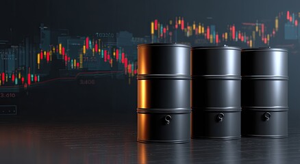 Three black oil barrels stand on a dark floor, against a backdrop of financial charts