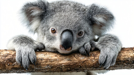 Naklejka premium A Koala Embracing Nature: A close-up of a koala, known for its fluffy grey fur and innocent eyes, gently embraces a sturdy tree branch, creating a connection with nature