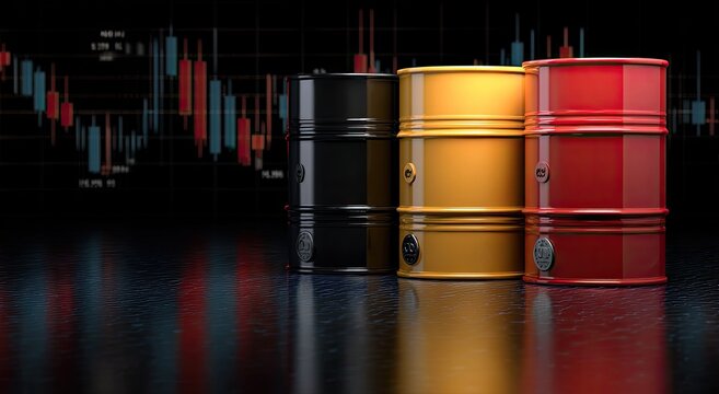 Three oil barrels on a dark surface with a financial chart in the background