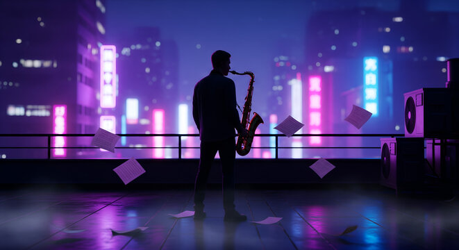 Lone Saxophone Player Silhouetted Against a Neon Cityscape at Night - Powered by Adobe