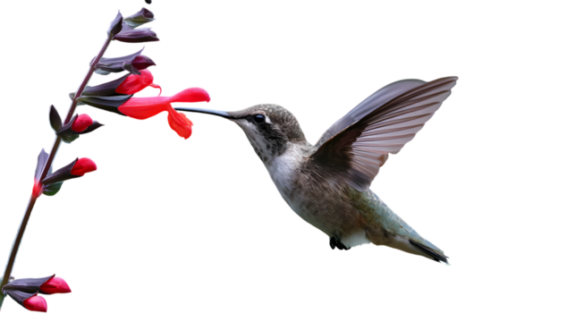 Hummingbird hovering near red tubular flowers sipping nectar isolated on transparent background