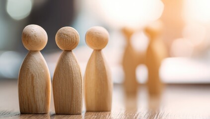 Wooden figurines in a row, blurred background