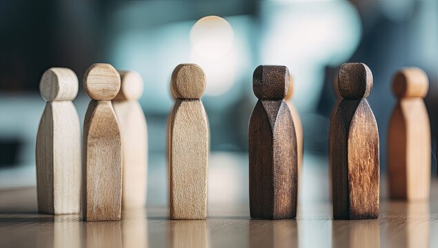 Wooden figurines, light and dark, in a row - Powered by Adobe
