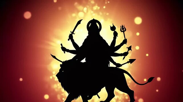 Majestic animation of Goddess Durga&rsquo;s silhouette riding her lion, multiple arms holding divine weapons, golden aura and sparkling particles rising gently