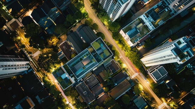 Aerial night view of an urban environment with glowing streets and building lights creates a vibrant atmosphere.