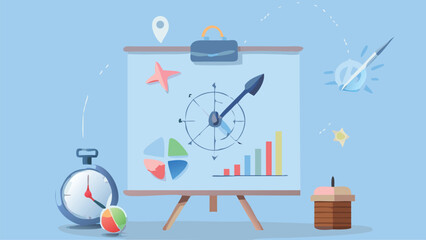 Presentation board with charts clock and other elements in a blue themed business setting scene view