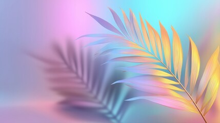 gradient pastel background with palm leaves with copy space. Modern trending banner template for advertising beauty products