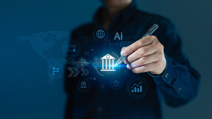 Businessperson Interacting with AI and Financial Technology Icons