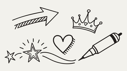 Fototapeta premium A collection of playful doodles featuring a crown, heart, star elements, and an arrow, perfect for creative projects.