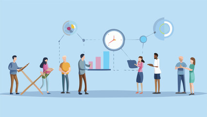 Illustration of a diverse team collaborating with data charts and time management tools in a light blue scene