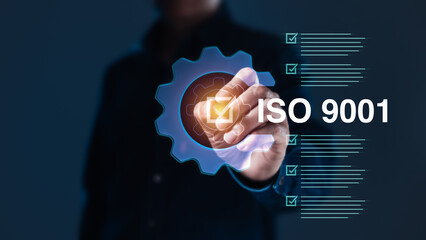 Businessperson Achieving ISO 9001 Certification with Quality Management Gear
