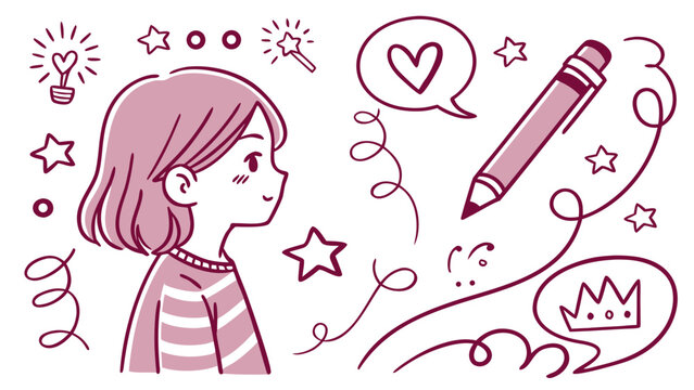 A young girl with short brown hair, fascinated by creativity, surrounded by whimsical doodles.