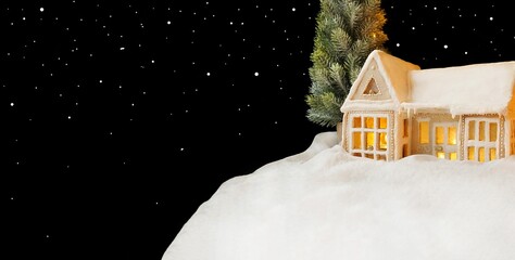 Christmas cards. Gingerbread house, night sky, copy space. Lights, coziness. Black background. Snow covered doors, snowy roof, stars, snowflakes, winter. Food, baking concept
