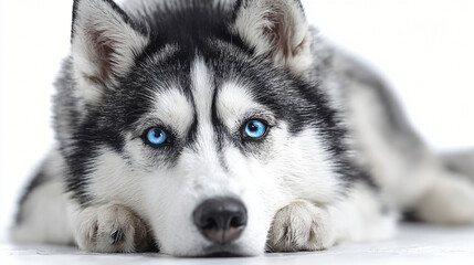Obraz premium Captivating Husky Portrait: A stunning husky with piercing blue eyes, captured in exquisite detail, exudes a sense of serene alertness and companionship. 