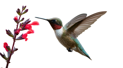 Ruby throated hummingbird sipping nectar from a vibrant pink flower isolated on transparent background