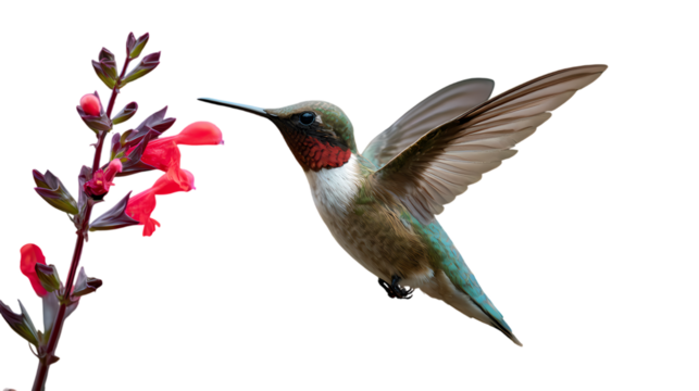 Ruby throated hummingbird sipping nectar from a vibrant pink flower isolated on transparent background