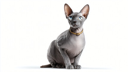 Sphynx Cat: A regal sphynx cat with its unique hairless coat, sitting gracefully with captivating blue eyes, this image captures the feline's elegant demeanor and striking appearance.
