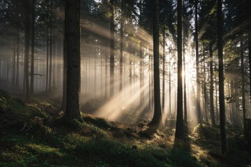 Obraz premium Sunlight streams through a misty forest (3)