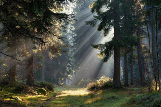 Sunlight streams through a dense forest (1)
