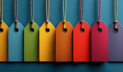 Colorful blank price tags hanging on a string against a dark blue wall for product sales and business concepts with vibrant empty labels in a row