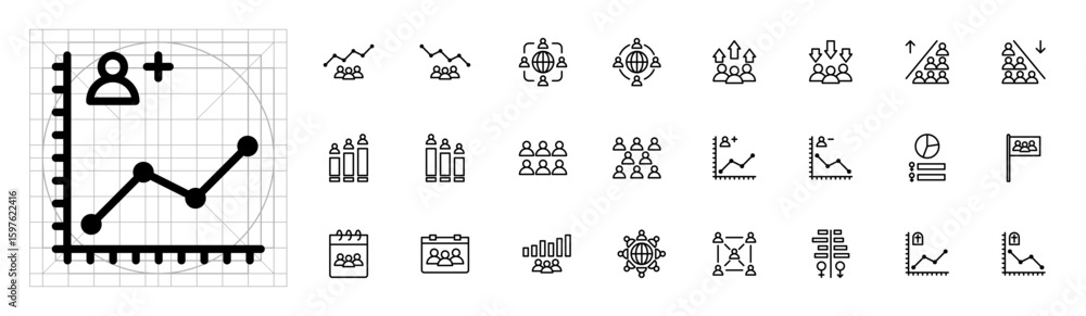 Poster user statistic chart line icons set data analytics user growth population graph report analysis busi